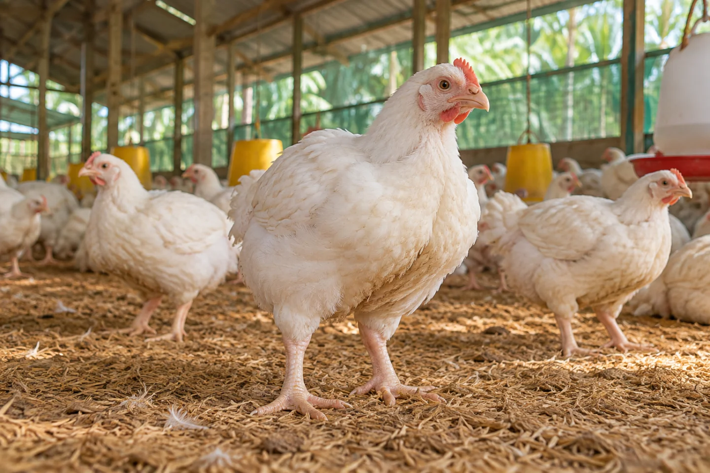 Gambar Ilustrasi ayam pedaging putih di kandang terbuka dengan alas sekam