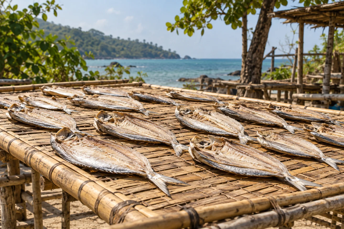 Gambar Ilustrasi ikan asin belah di rak pengering bambu dengan latar pesisir