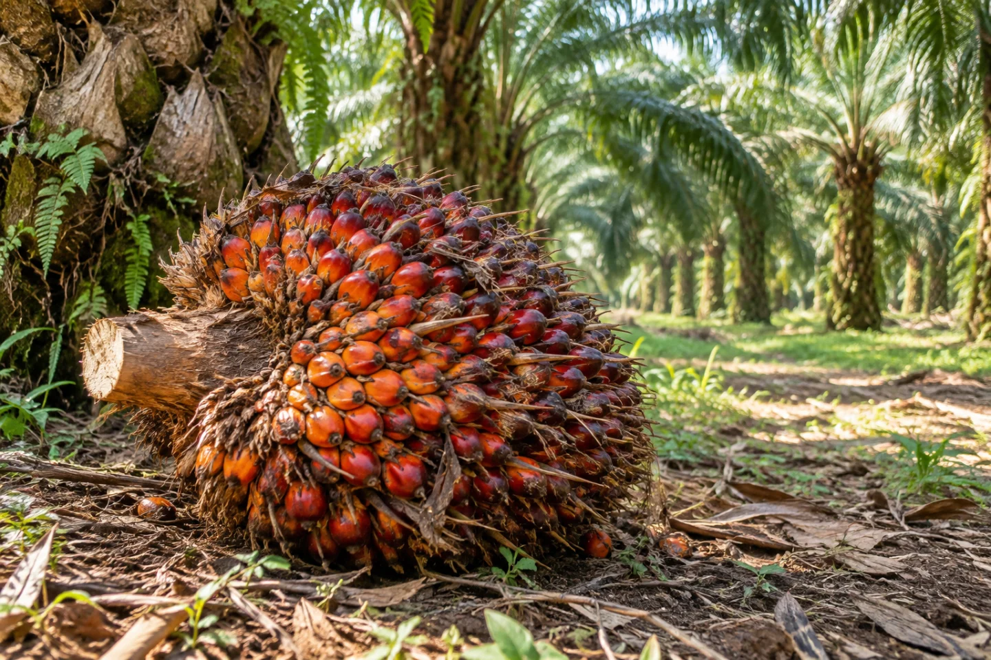 Gambar Ilustrasi tandan buah sawit jingga kemerahan di bawah pohon sawit