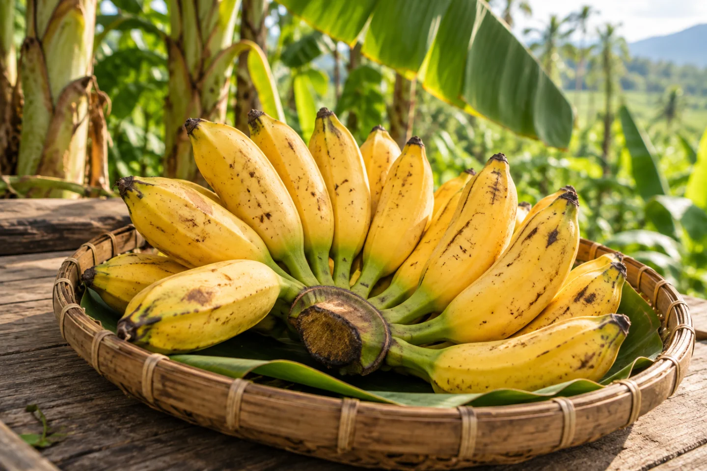 Gambar Ilustrasi pisang matang dalam keranjang di kebun; bukan dokumentasi varietas Tundang
