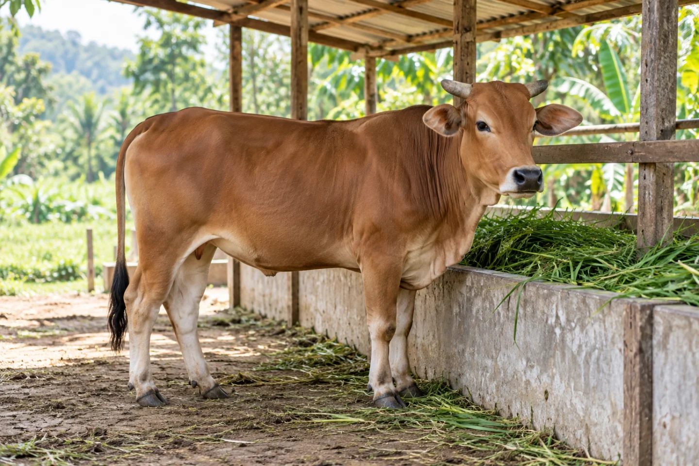 Gambar Ilustrasi sapi cokelat di samping kandang terbuka dan tempat hijauan